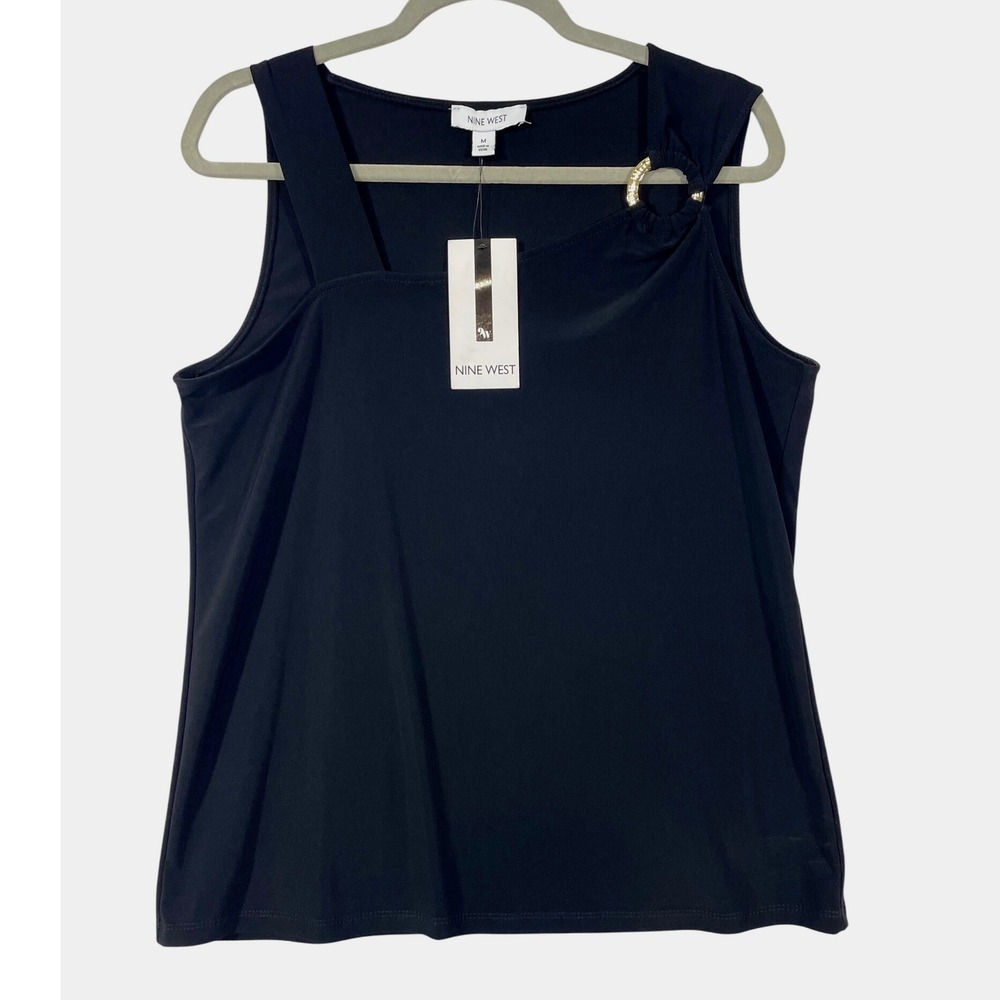 Nine West Women's Tank Top Black Sleeveless Gold Ring Detail Size M Square‎ Neck